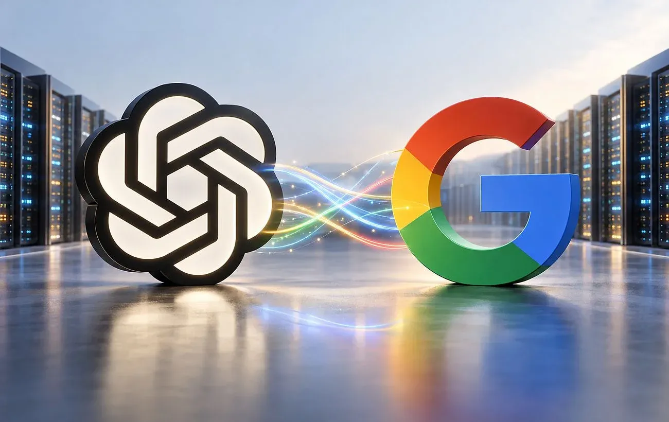 Логотипи OpenAI та Google на тлі серверних стійок